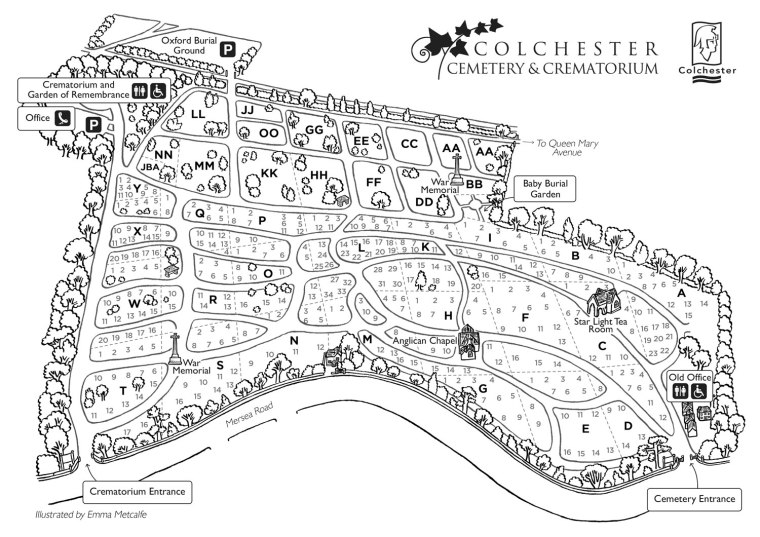 hand drawn illustration black and white line map illustrated bespoke visitor orientation map of Colchester Cemetery